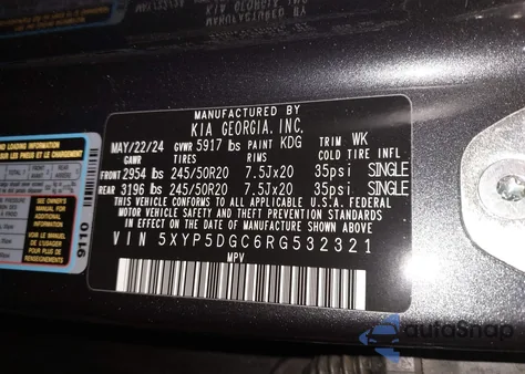 2024 Kia Telluride Sx Prestige X-Line z USA, uszkodzony, nr VIN 5XYP5DGC6RG532321